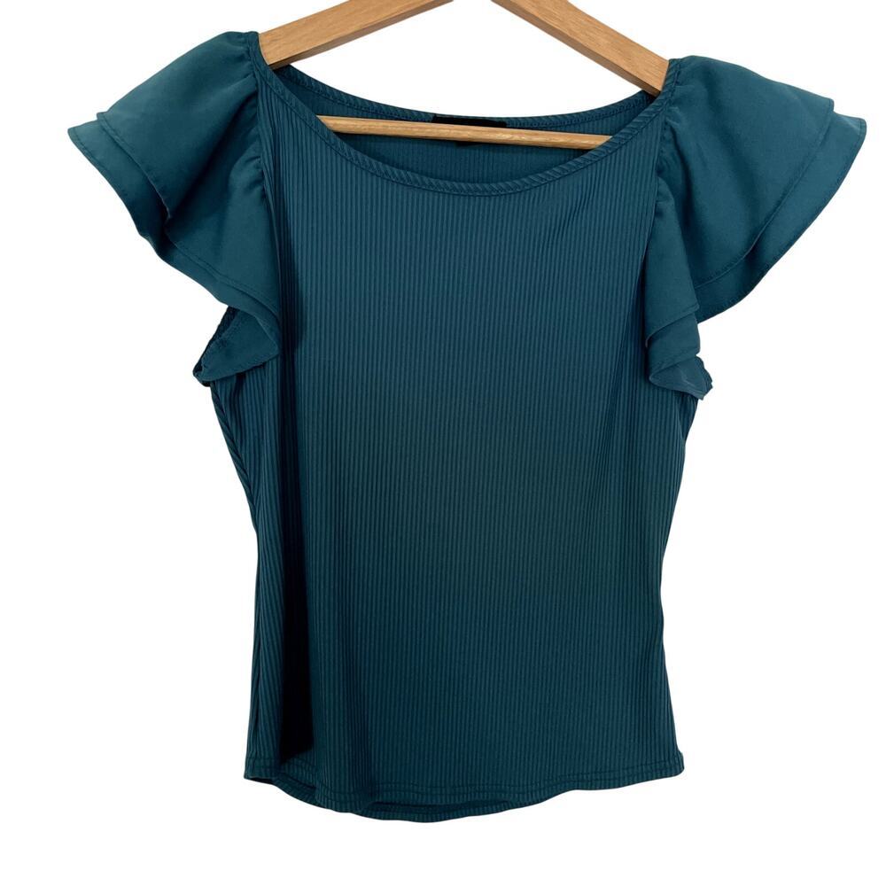 MINE turquoise green flutter sleeve top knit ruched design women's size small